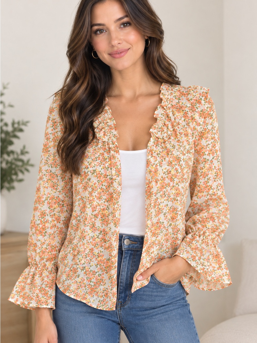 Ruffle-Trim Floral Blouse in Peach Multi